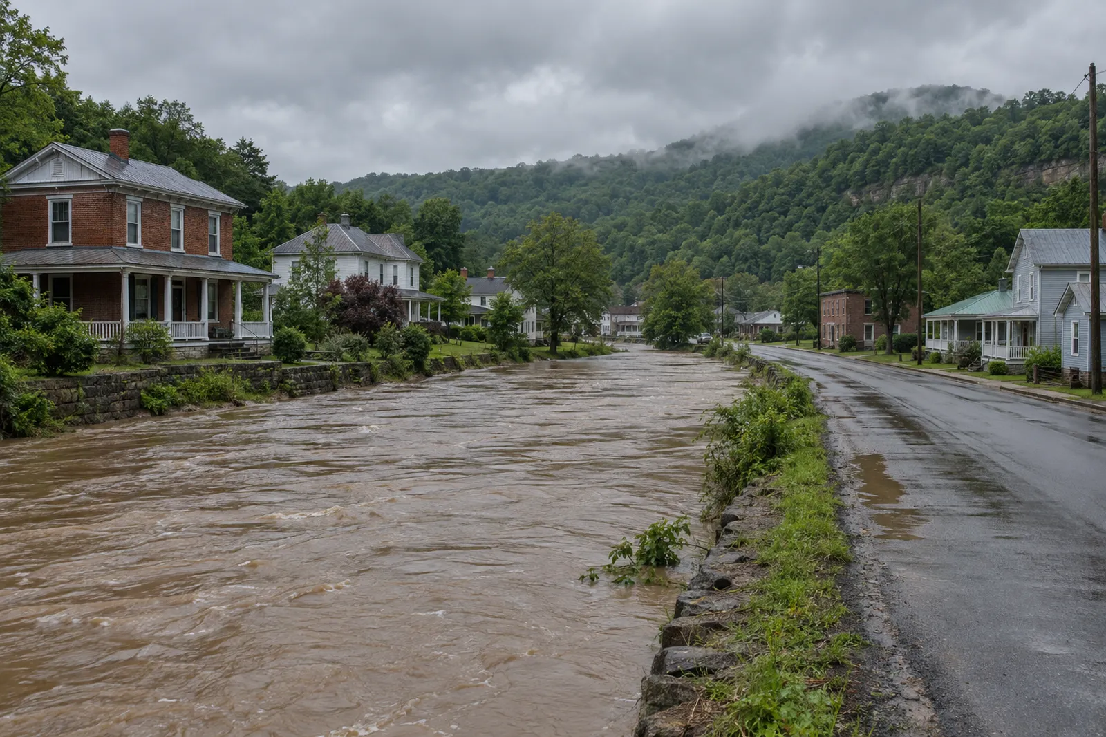 A swollen creek beside older homes in a Missouri town after heavy rain