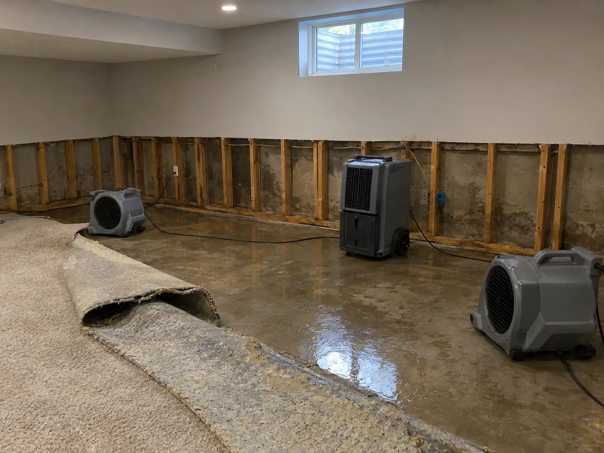 Drying equipment in a basement with carpet and lower drywall removed after flooding